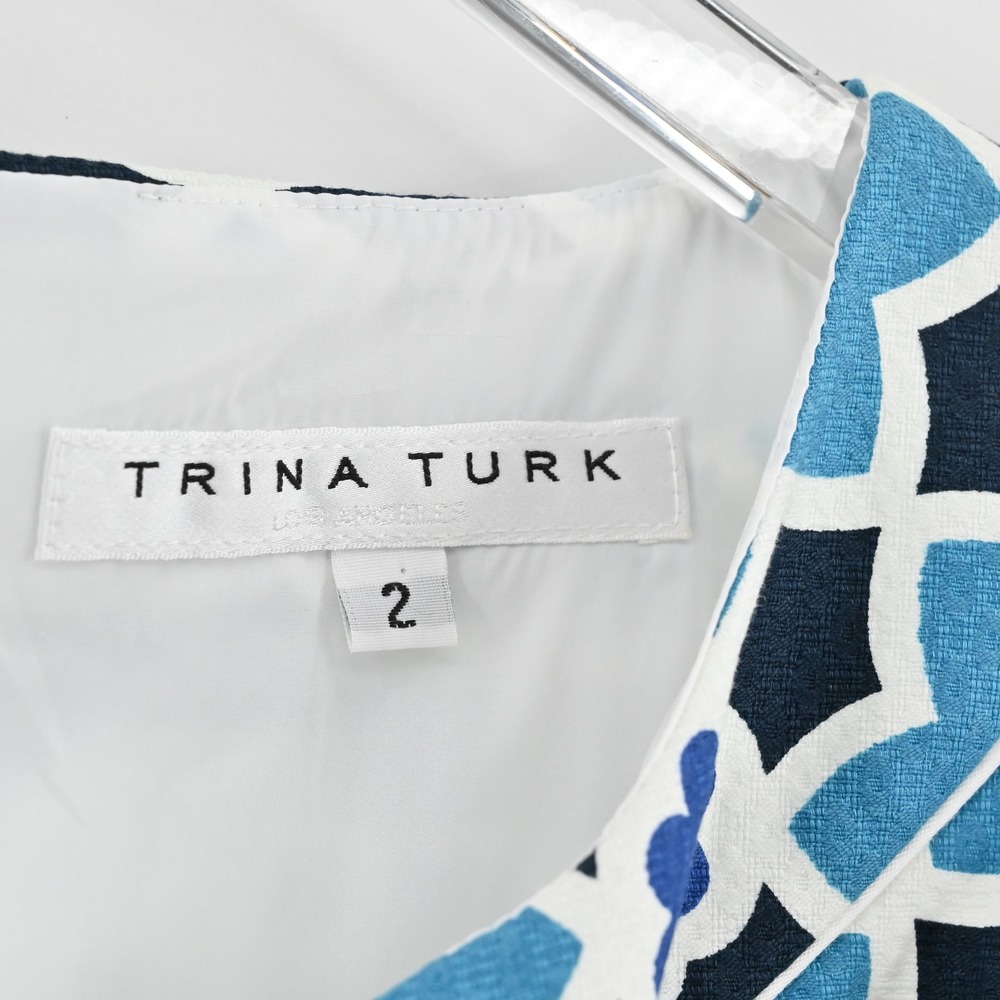 Trina Turk Moroccan Print Shift Dress Size 2 Blue Floral Sleeveless Pom Pom Trim - Picture 7 of 13